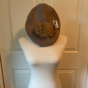 Cashmere Beret w/ fur puff, Brand New w/ tags